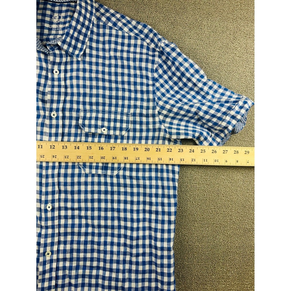 Bugatchi Uomo Shirt Men XL Blue Shaped Fit Check Gingham Linen Short Sleeve - Picture 7 of 9